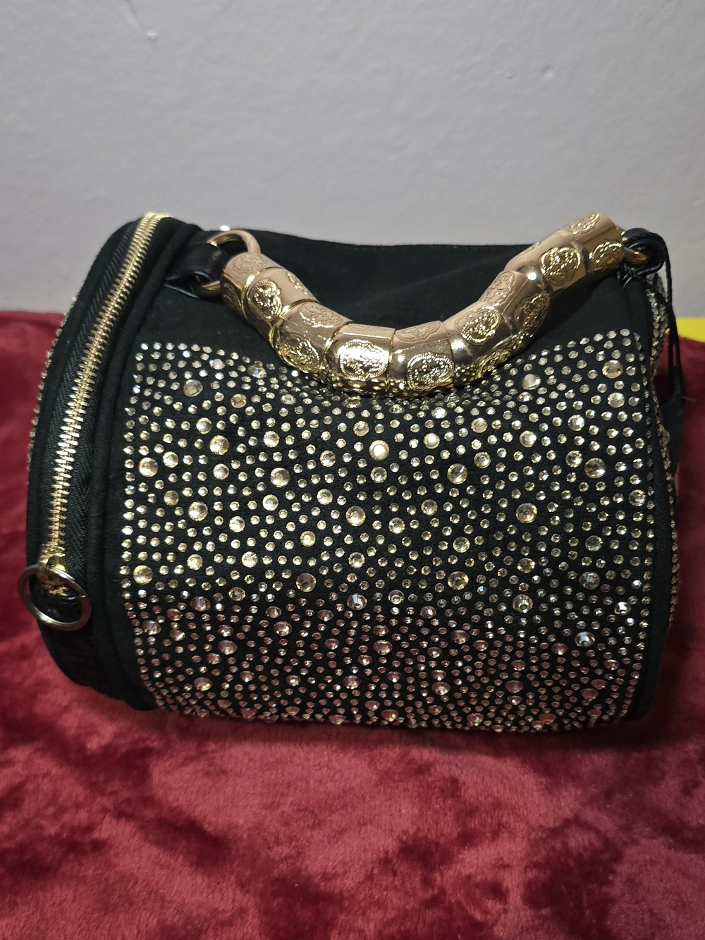 Women’s Black Crystal-Embellished Barrel Handbag with Gold Handle